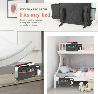 Surblue Bedside Caddy Felt Storage Organizer Hanging Bag with Tissue Box and Water Bottle Pocket for Mattress, Sofa, Bunk Bed, Dark Gray