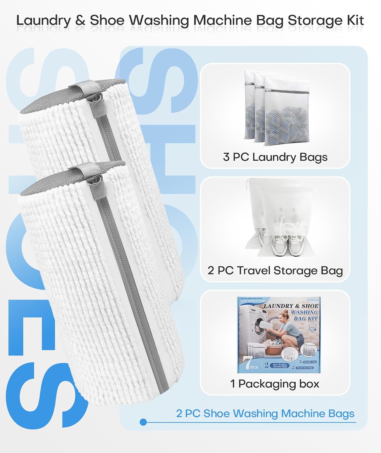3-IN-1 Laundry & Shoe Washing Machine Bag : Laundry Shoe Bag for Washer & Dryer,Shoe Cleaning Bag for Sneakers,Tennis,Self-locking Zipper & Microfiber,Include 3 Laundry Bag & 2 Shoe Bag