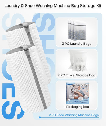 3-IN-1 Laundry & Shoe Washing Machine Bag : Laundry Shoe Bag for Washer & Dryer,Shoe Cleaning Bag for Sneakers,Tennis,Self-locking Zipper & Microfiber,Include 3 Laundry Bag & 2 Shoe Bag