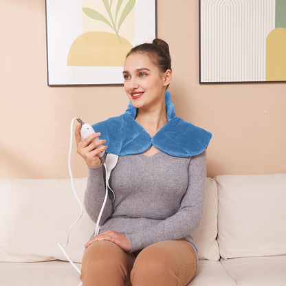 Ambershine 19''x24'' Weighted Neck & Shoulder Heating Pad, 2.5lbs with 12 Temperature Settings& 4 Auto-Off Timers, Pain Relief for Neck/Shoulder/Back(Gray&Blue)