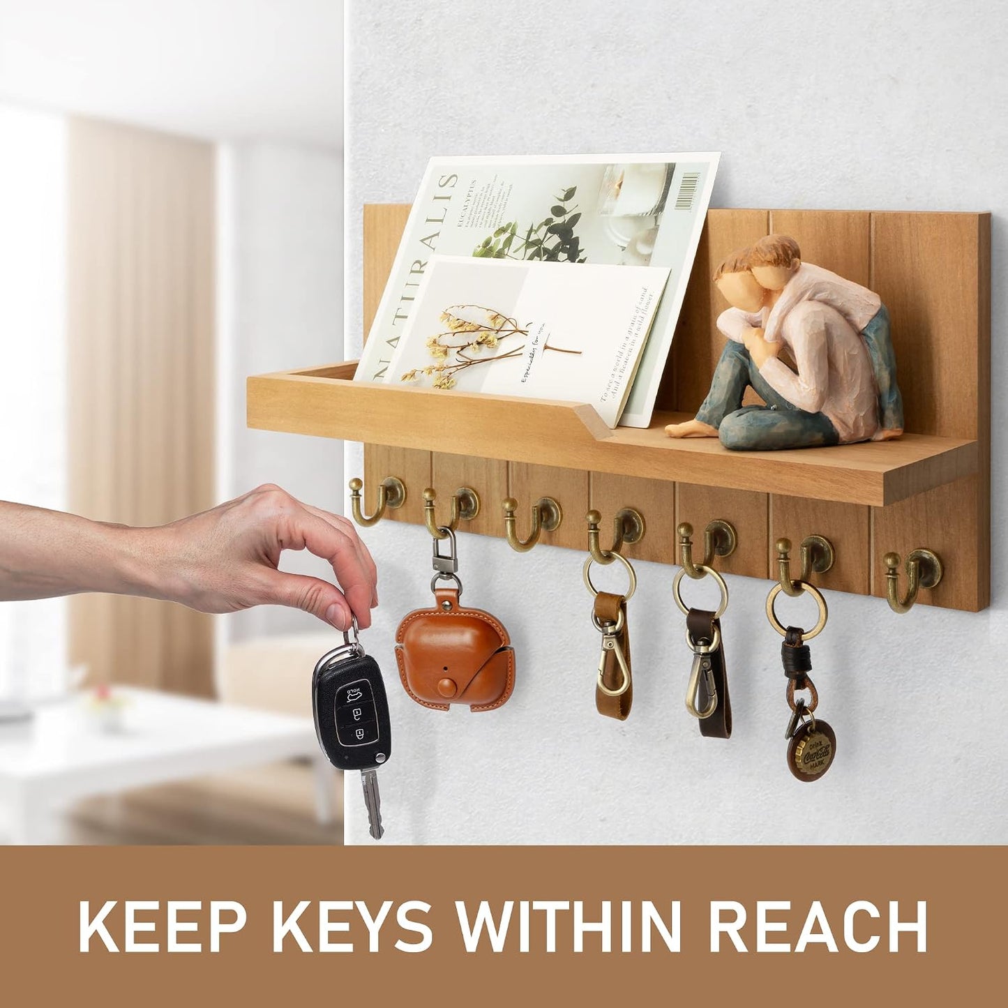 Rebee Vision Key Holder Wall Mount with 5 Key Hooks for Home Decor, Brown | 3.54'' x 10'' x 7.28'', Small Shelf for Display Plant, Key Hangers for Hat, Entryway Space-Saving Storage