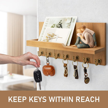 Rebee Vision Key Holder Wall Mount with 5 Key Hooks for Home Decor, Brown | 3.54'' x 10'' x 7.28'', Small Shelf for Display Plant, Key Hangers for Hat, Entryway Space-Saving Storage