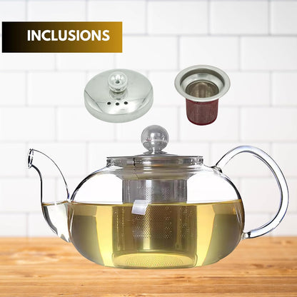20 oz Clear Glass Teapot with Infuser, Borosilicate Stovetop Tea Pot | Borosilicate Glass, Stainless Steel Herbal Infuser, Heat Resistant, Kitchen Essentials, Loose Leaf Tea Maker with Handle