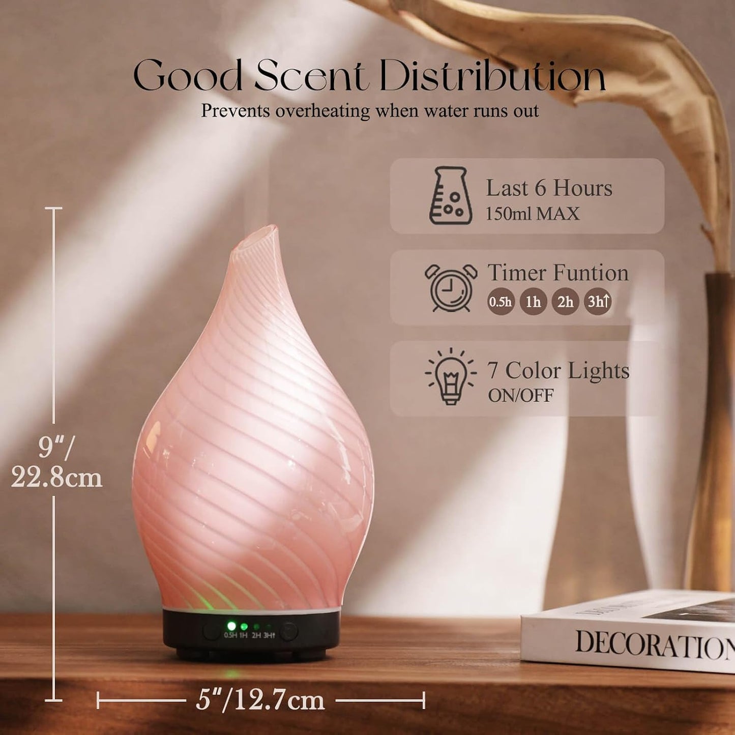 Porseme Oil Diffuser 3D Glass Aromatherapy Ultrasonic Humidifier, Air Refresh Auto Shut-Off, Timer Setting, BPA Free for Home Hotel Yoga Leisure SPA Gift 150ml Last 6H - Colors B