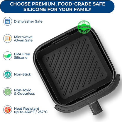 Premium 8.3inch Square Air Fryer Silicone Liners for 6Qt Coosri Air Fryer | 0.1inch Liner Thickness & 0.3mm high Silicone Lines on Base | Dishwasher Safe |