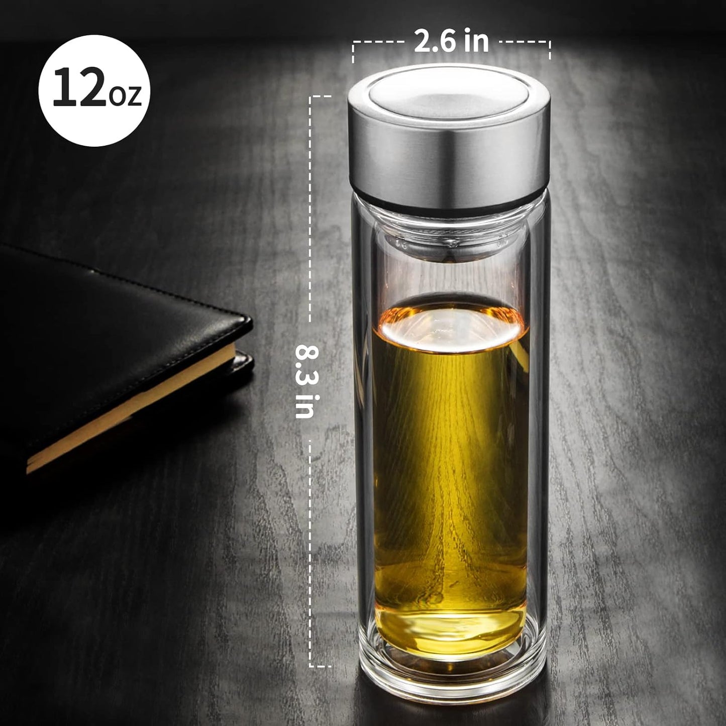 PARACITY Glass Water Bottle with Tea Infuser, 12 oz Double Wall Tumbler | Removable stainless steel filter and silicone seal suit loose leaf, flower or herbal brewing in a wide-mouth tea infuser mug