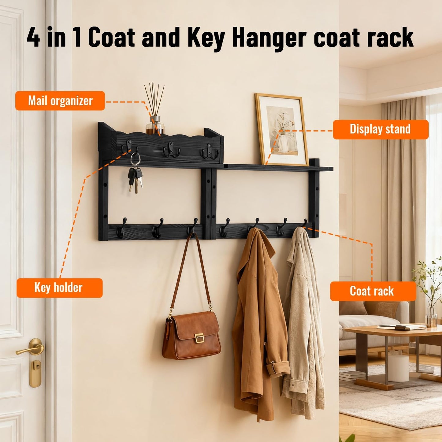 28" Coat Rack Wall Mount with Shelf with 7 Hooks 3 Key Hanger | Entryway Key Holder Wall Mount Wood Wall Coat Hooks, Wall Mounted Coat Rack Mail Holder for Living Room, Bedroom
