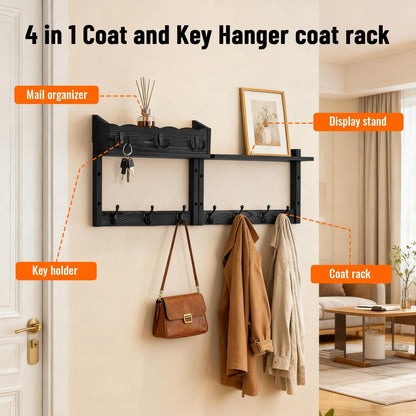 28" Coat Rack Wall Mount with Shelf with 7 Hooks 3 Key Hanger | Entryway Key Holder Wall Mount Wood Wall Coat Hooks, Wall Mounted Coat Rack Mail Holder for Living Room, Bedroom