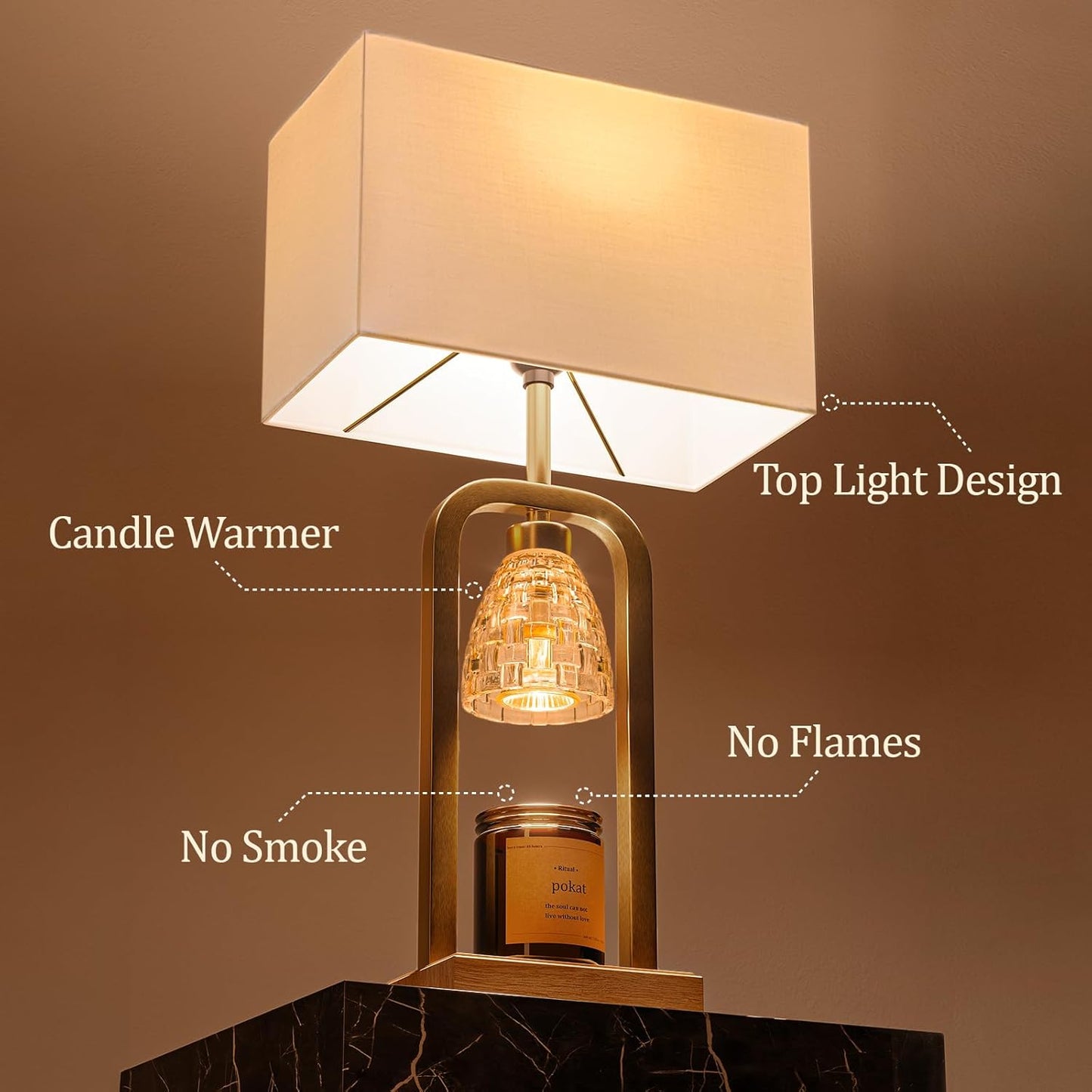 PoKat Gold Table Lamp Candle Warmer, Candle Warmer Lamp with Timer Dimmer, Wax Light Warming Table Lamp for Jar Candles, Modern Bedside Lamp for House Warming Home Decor Living Room, Bulb Included