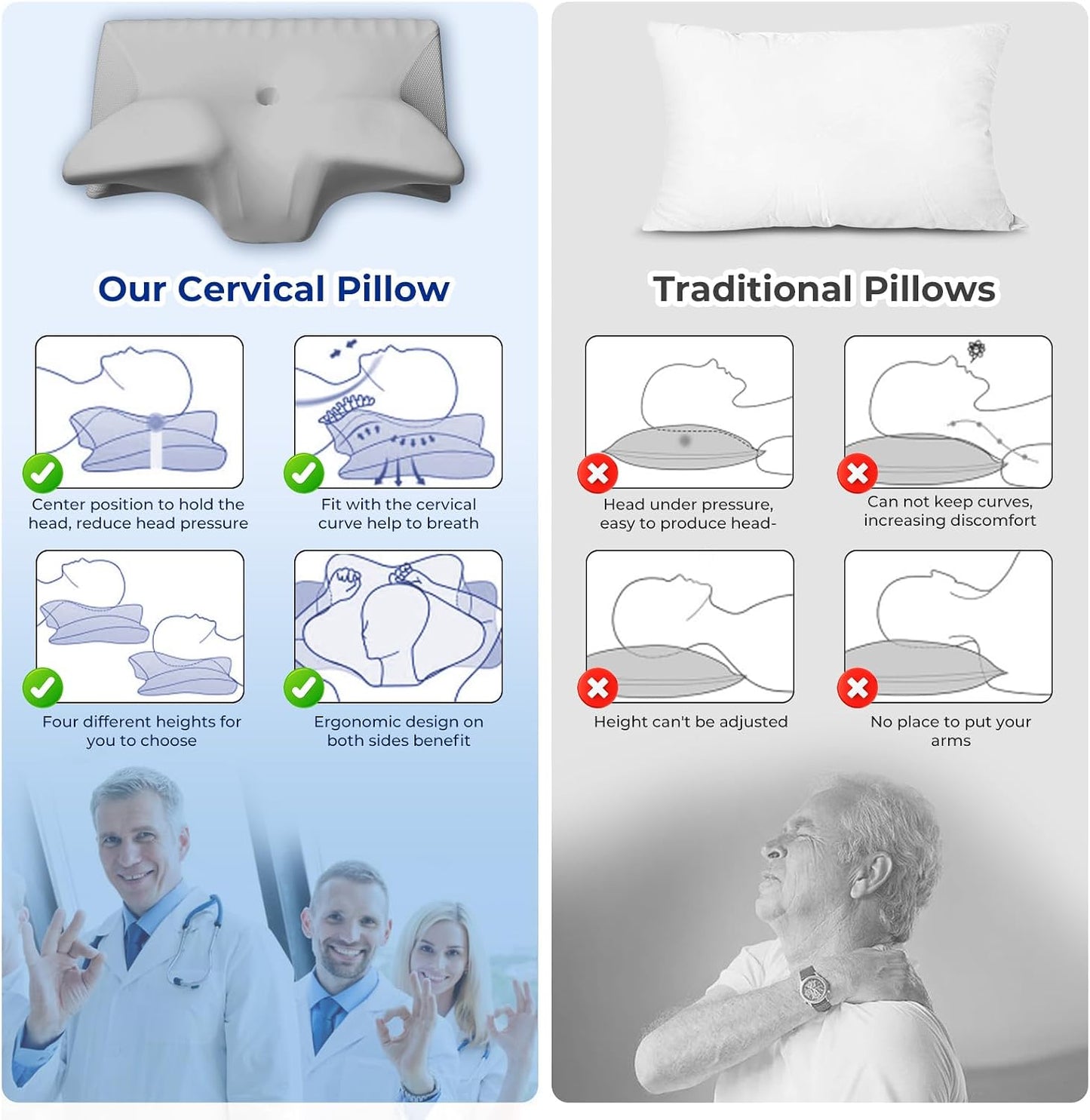 Cervical Pillow for Neck Pain Relief, Cooling Contour Memory Foam Pillows Support Odorless Ergonomic Neck Pillow Adjustable Orthopedic Bed Pillow for Side Back Stomach Sleeper with Pillowcase,Snow