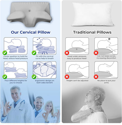 Cervical Pillow for Neck Pain Relief, Cooling Contour Memory Foam Pillows Support Odorless Ergonomic Neck Pillow Adjustable Orthopedic Bed Pillow for Side Back Stomach Sleeper with Pillowcase,Snow