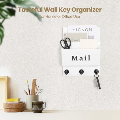 Mail and Key Holder, Wall Key Holder with 2 Mail Organizer Slot and 3 Hooks | Decorative 8.86" x 11.42" Mail Holder, Real Paulownia Wood with Keyhole Brackets, Hardware and Instructions
