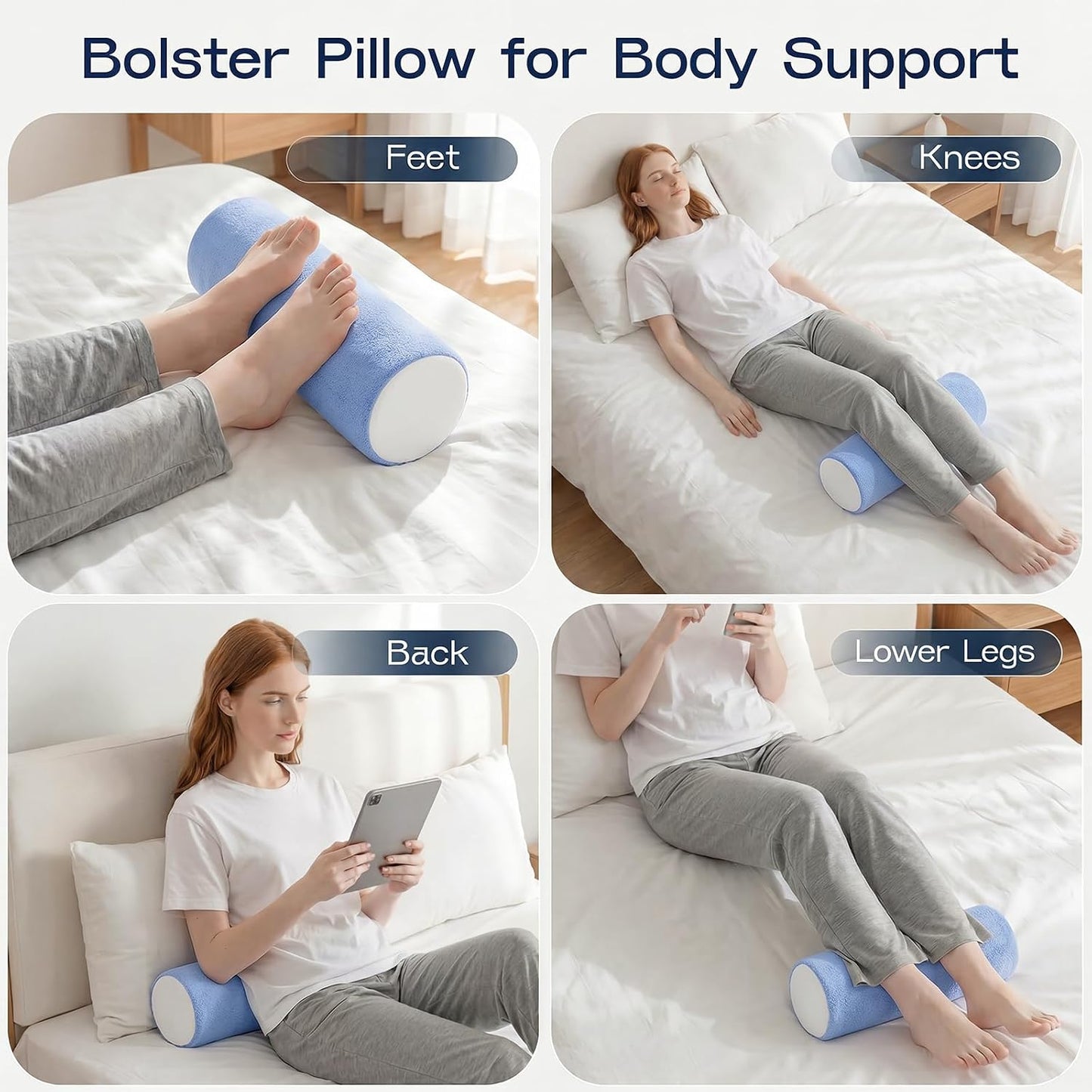 Neck Roll Pillow for Neck Pain Relief - Memory Foam Neck Support Pillow for Bed | Round Neck Pillow for Sleeping, 15.7 * 6 * 6 inch (Cool-Blue)