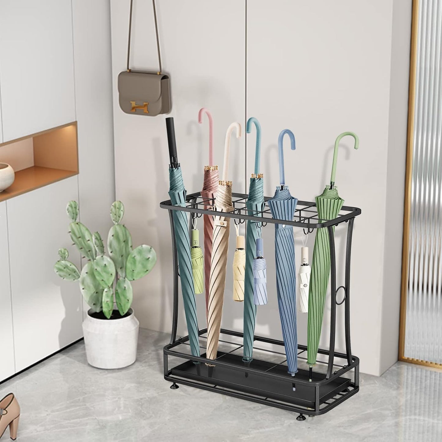Metal Umbrella Holder Stand with Removable Drip Tray, Industrial Free Standing Umbrella Rack Organizer for Entryway Home Office Patio Decor(21 Slots 24 Hooks, Black)