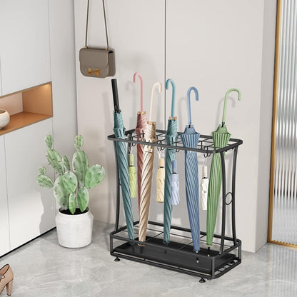 Metal Umbrella Holder Stand with Removable Drip Tray, Industrial Free Standing Umbrella Rack Organizer for Entryway Home Office Patio Decor(21 Slots 24 Hooks, Black)