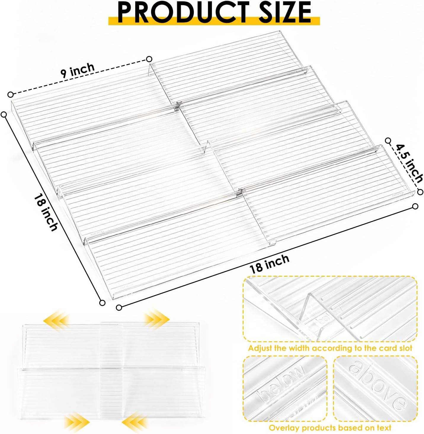 4 Pack Spice Drawer Organizer, Acrylic Spice Rack Expandable From 9" to 18", Clear Seasoning Organizer Tray for Kitchen Holds up to 24 Jars (Jars Not Included)