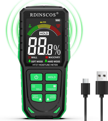 Pinless Moisture Meter for Wall,Floor – Digital Moisture Tester | With 3-Color LCD Display, Audible Alarm & HOLD Function, Ideal for Home Inspections