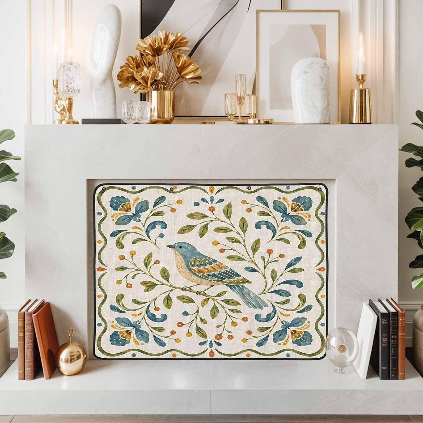 Magnetic Fireplace Cover Bird Branches Fireplace Screen Decorative Green Leaves Frame Insulation Fireplace Blocker Blanket Save Energy Fireplace Draft Stopper Covers for Living Room 45x34 Inch