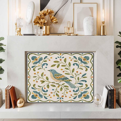 Magnetic Fireplace Cover Bird Branches Fireplace Screen Decorative Green Leaves Frame Insulation Fireplace Blocker Blanket Save Energy Fireplace Draft Stopper Covers for Living Room 45x34 Inch