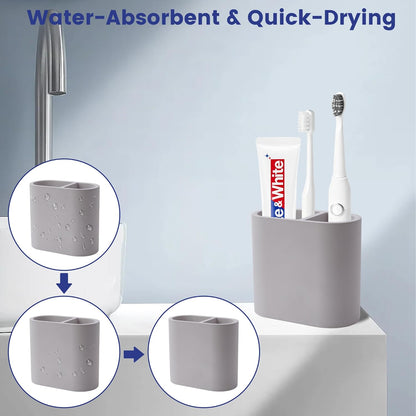 Quick Drying Toothbrush Holder for Bathrooms, Diatomite Countertop Organizer for Electric Tooth Brush, Toothpaste, Razor, Makeup Brush, White, 2 Slots