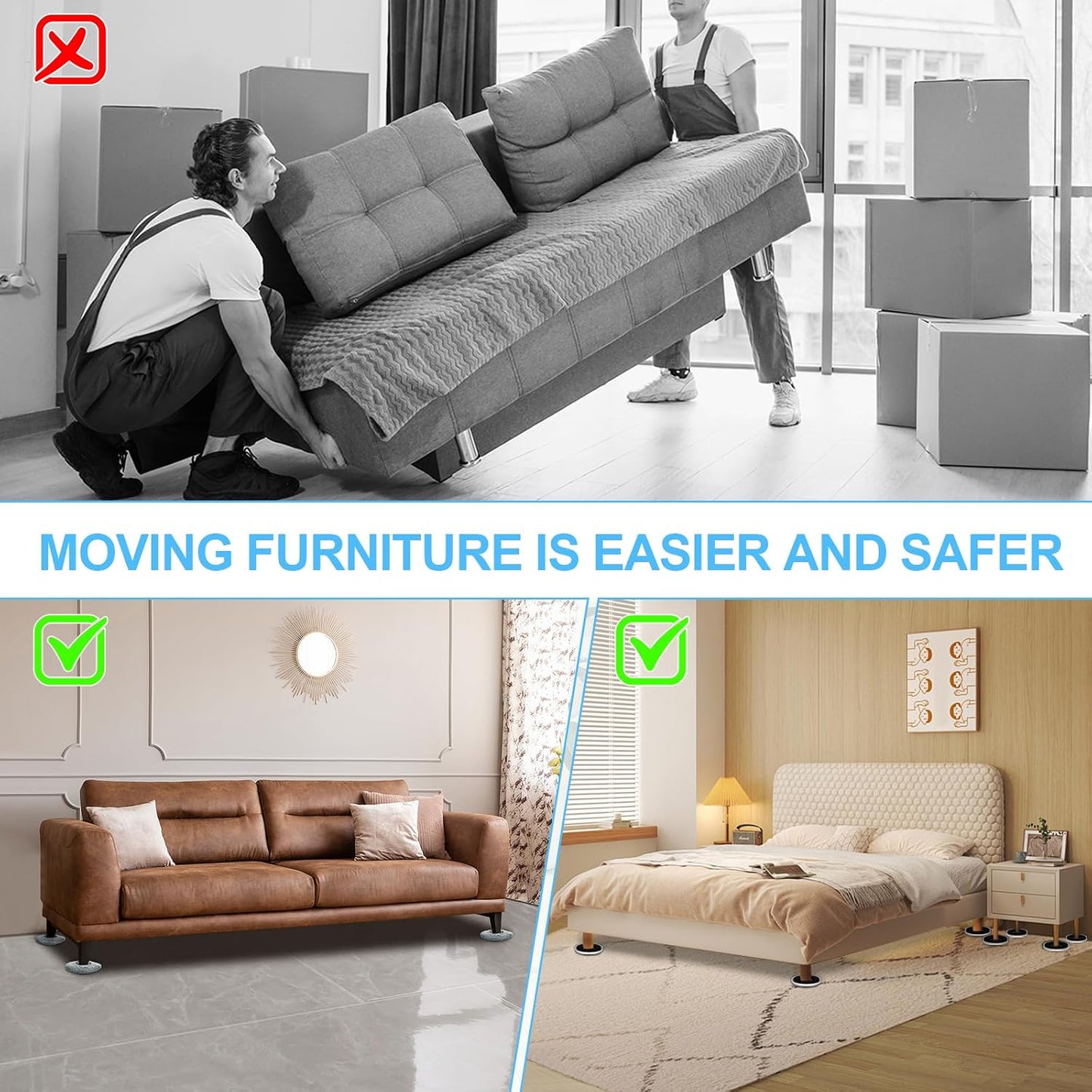 New Upgrade Furniture Sliders: Multi-Surface 3-in-1 Furniture Movers Slider | Heavy Moving Pads with 8PCS 4.3" Carpet Sliders + 4PCS Hard Floor Socks + 1 Lifter - Protect Floor and Easily Move Furniture