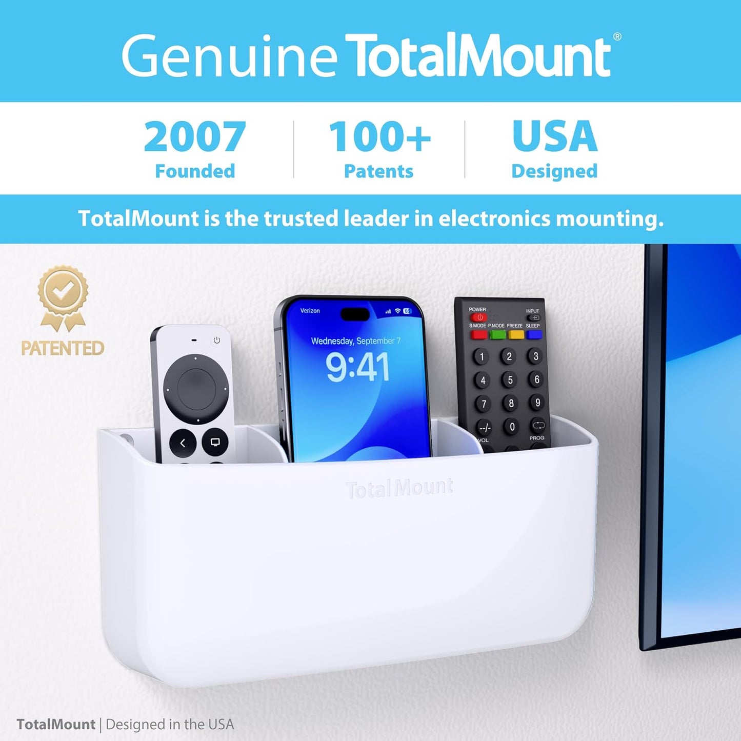 TotalMount Drop-Free Remote Holder – Removable Adhesive Strips – XL Black | Designed in the USA – Simply Put the Remotes In – No Tricky Magnet Alignment Needed (Holds 3 or 4 Remote Controls)