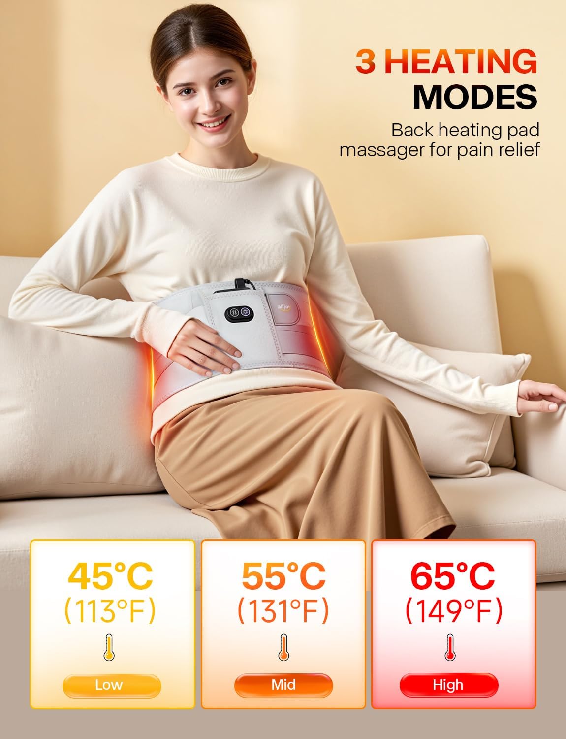 ALLJOY 10000mAh Cordless Heating Pad for Back Pain Relief FSA Eligible HSA, 67" Lower Back Massager with 3 Heat 3 Vibration, Portable Heating Pad for Cramps, Birthday Gifts for Women Men Mom Dad