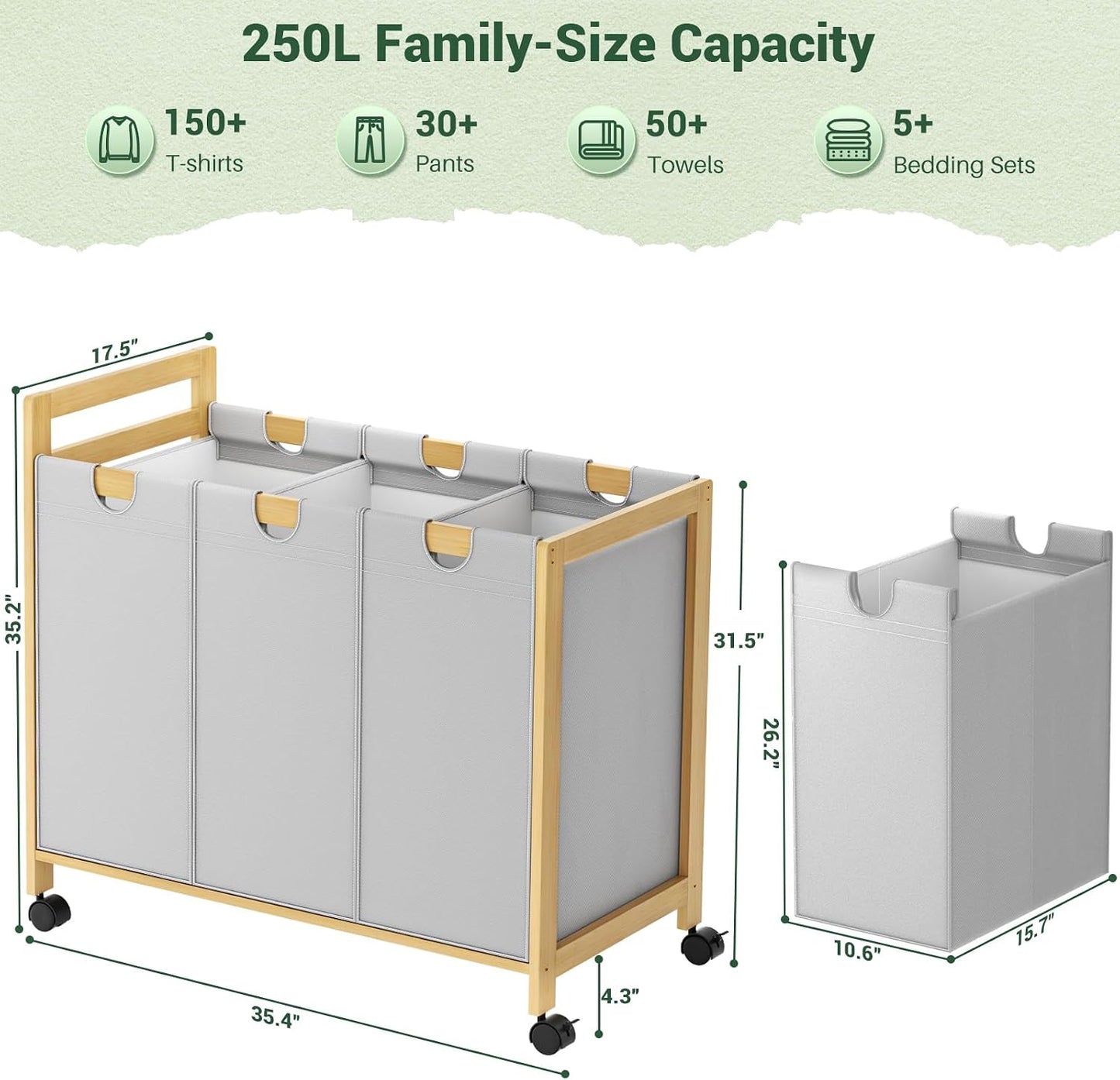 250L Laundry Sorter with Wheels, 3-Section Laundry Hamper, Black | 66 Gal Large Laundry Cart with Removable Bags, Rolling Laundry Basket, Water-Resistant, Bamboo Frame, Laundry Room Organizer
