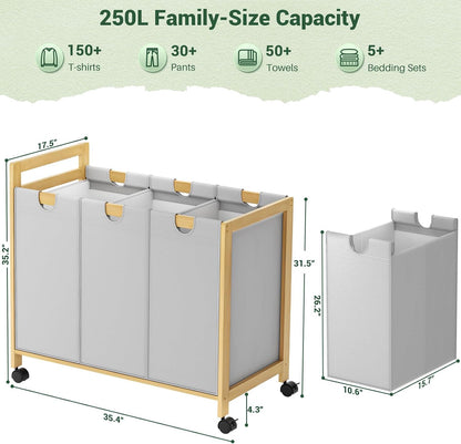 250L Laundry Sorter with Wheels, 3-Section Laundry Hamper, Black | 66 Gal Large Laundry Cart with Removable Bags, Rolling Laundry Basket, Water-Resistant, Bamboo Frame, Laundry Room Organizer