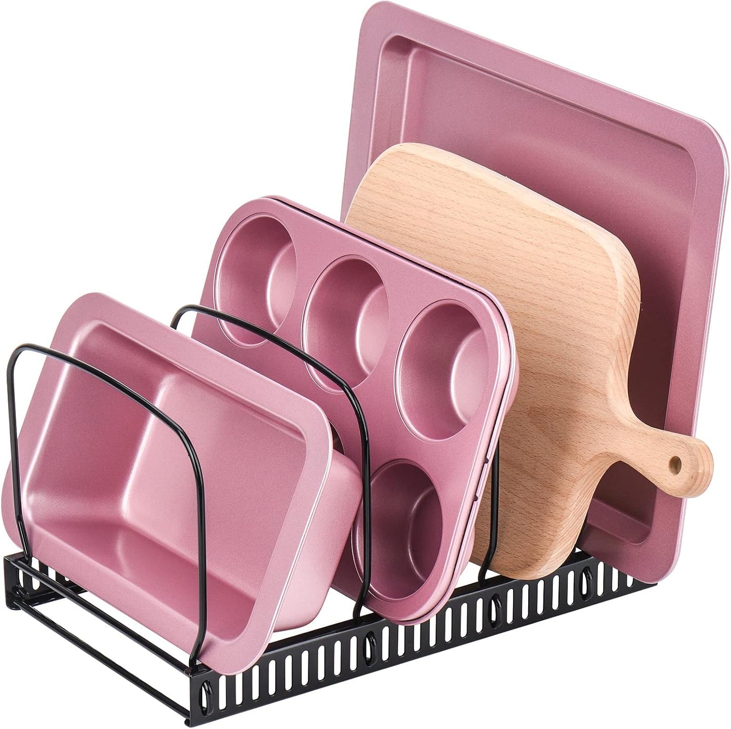 Toplife Pot Lids Organizer Rack for Cabinet and Countertop, 7+ Pan Lids and Bakeware Organizer Rack Holder with 7 Adjustable Compartments - Black
