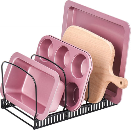 Toplife Pot Lids Organizer Rack for Cabinet and Countertop, 7+ Pan Lids and Bakeware Organizer Rack Holder with 7 Adjustable Compartments - Black