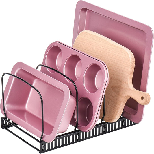 Toplife Pot Lids Organizer Rack for Cabinet and Countertop, 7+ Pan Lids and Bakeware Organizer Rack Holder with 7 Adjustable Compartments - Black