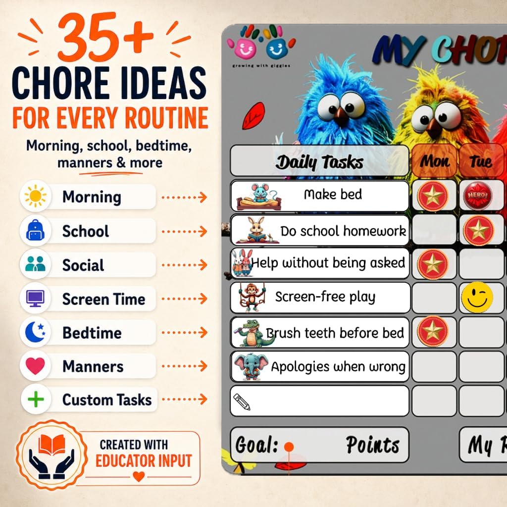Mimi Doodle Magnetic Chore Chart for Kids – 16x12 Dry Erase Daily Responsibility Board for Fridge with 39 Chore tabs, 100 Reward Stickers – Behavior Chart for Kids at Home – Simple Theme