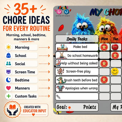 Mimi Doodle Magnetic Chore Chart for Kids – 16x12 Dry Erase Daily Responsibility Board for Fridge with 39 Chore tabs, 100 Reward Stickers – Behavior Chart for Kids at Home – Simple Theme