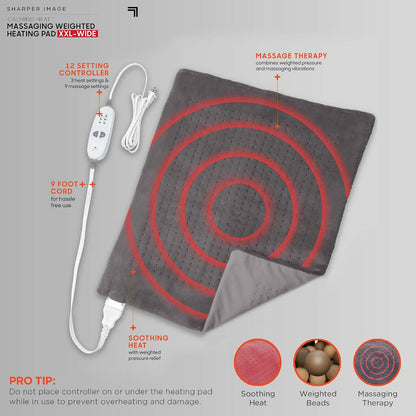 Calming Heat Massaging Vibrations Weighted Heating Pad by Sharper Image | Temperature Settings, Auto Shut-Off Feature, Gift for Holidays, Women & Men | 3 Heat, 6 Massage, 12” x 24”, 4 lbs