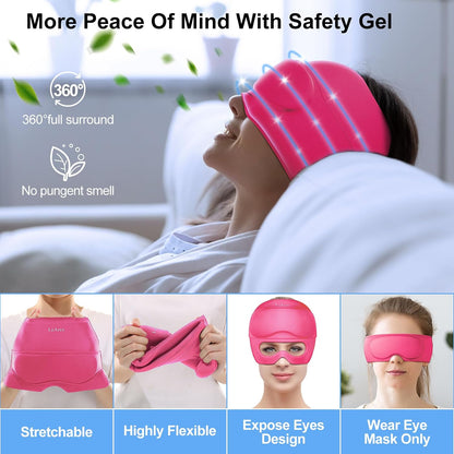 2 in 1 Migraine Relief Cap with Gel Eye Mask, Headache Relief Cap Ice Head Wrap Hot and Cold Therapy Hat Gift for Women for Headache Puffy Eyes Sinus and Tension Stress Relief (Light Purple)