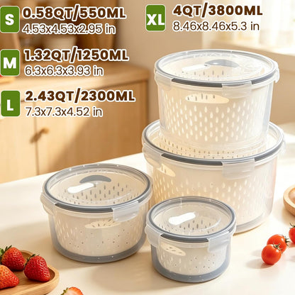 TBMax Fruit Storage Containers for Fridge Organizers and Storage, 4 Pack Large Produce Saver with Airtight Lid & Colander for Berry Lettuce Salad Vegetable Storage, Refrigerator Organizers