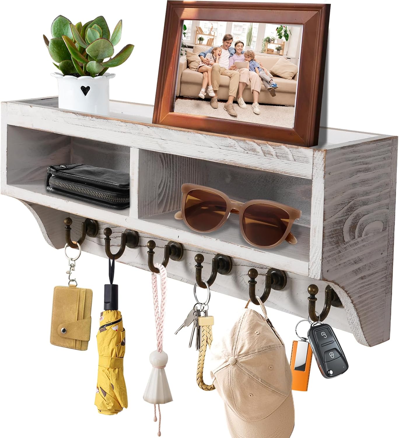 Key Holder Wall Mount with Mail Organizer, 6 Hooks & Shelf, Brown | Wood Key Holder Wall Mount with 6 Key Hooks, Shelf & Storage Box and Mail Organizer for Entryway, Apartment, Home and Office