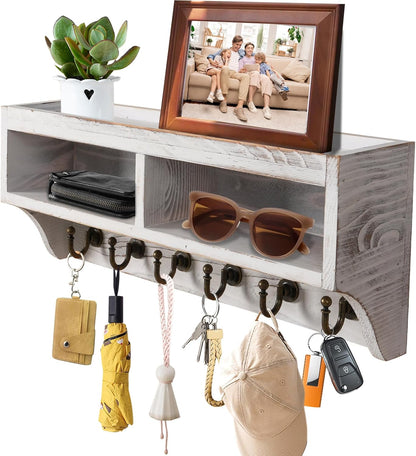 Key Holder Wall Mount with Mail Organizer, 6 Hooks & Shelf, Brown | Wood Key Holder Wall Mount with 6 Key Hooks, Shelf & Storage Box and Mail Organizer for Entryway, Apartment, Home and Office