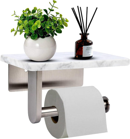 Toilet Paper Holder with Natural Marble Shelf for Bathroom Washroom,Wall Mounted Tissue Holder Suitable for Mega Roll (Brushed Nickel,Small 6.7 * 4.3 in)