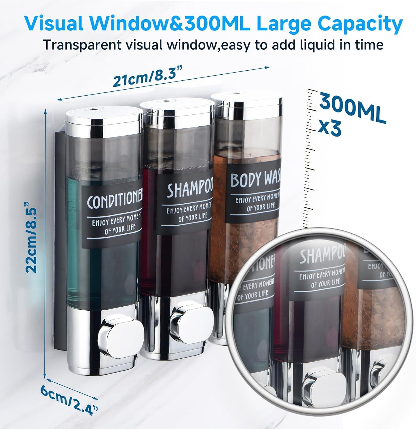 Shampoo and Conditioner Dispenser,GlintGath Shower Dispenser 2 Chamber No Drill Shampoo Dispenser for Shower Wall Mounted Shower Soap Dispenser for Bathroom Hotel,2 * 300ML,Matte Black