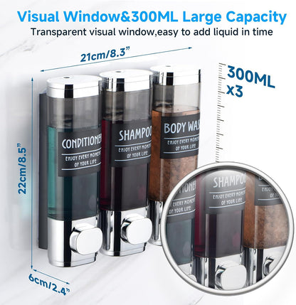 Shampoo and Conditioner Dispenser,GlintGath Shower Dispenser 2 Chamber No Drill Shampoo Dispenser for Shower Wall Mounted Shower Soap Dispenser for Bathroom Hotel,2 * 300ML,Matte Black