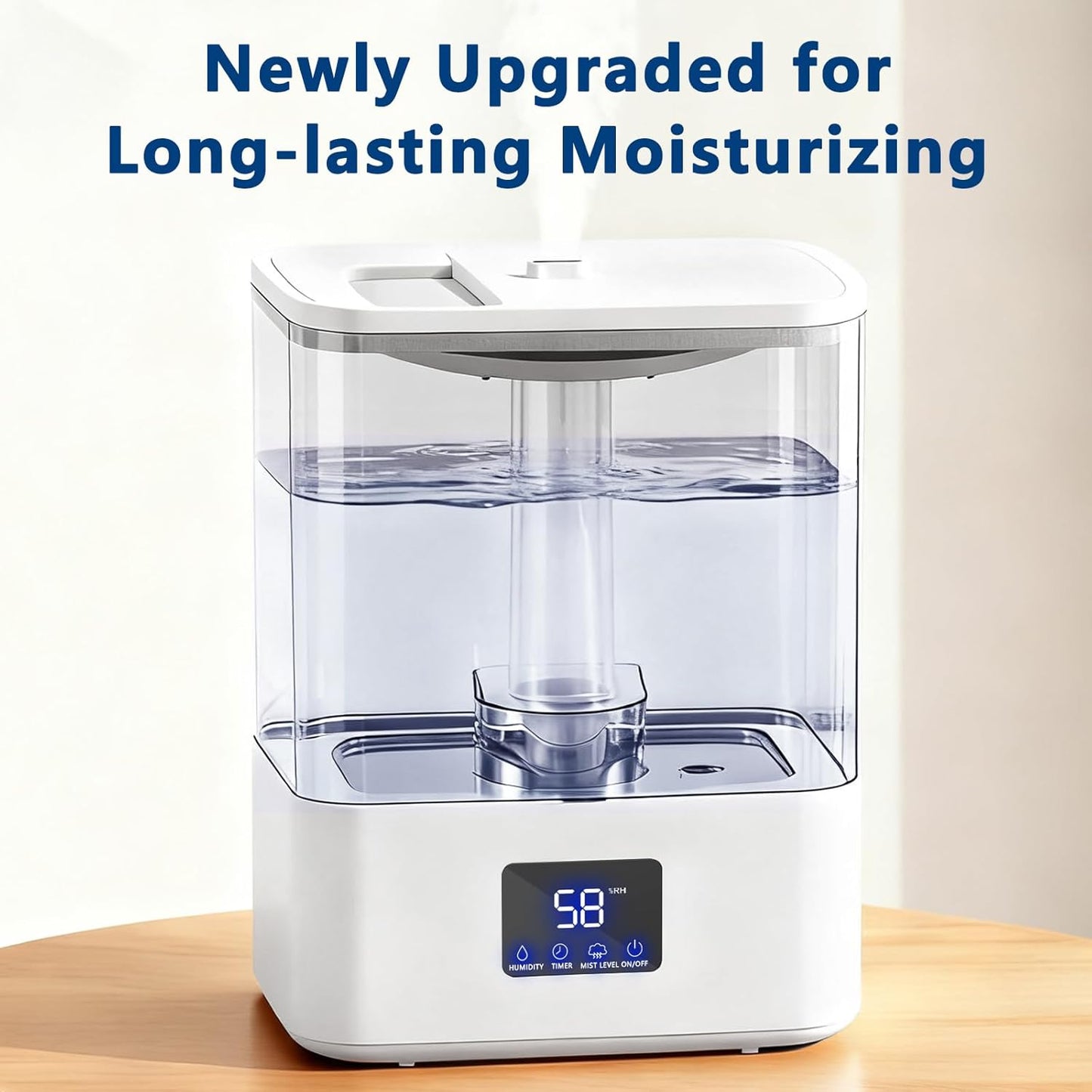 KZF 4L Top Fill Humidifiers for Bedroom & 60H Runtime - Cool Mist Humidifier, 3 Mist Levels, 8H Timer, Essential Oil Tray, Humidity Display, Quiet for Bedroom, Baby, Plants, Large Room