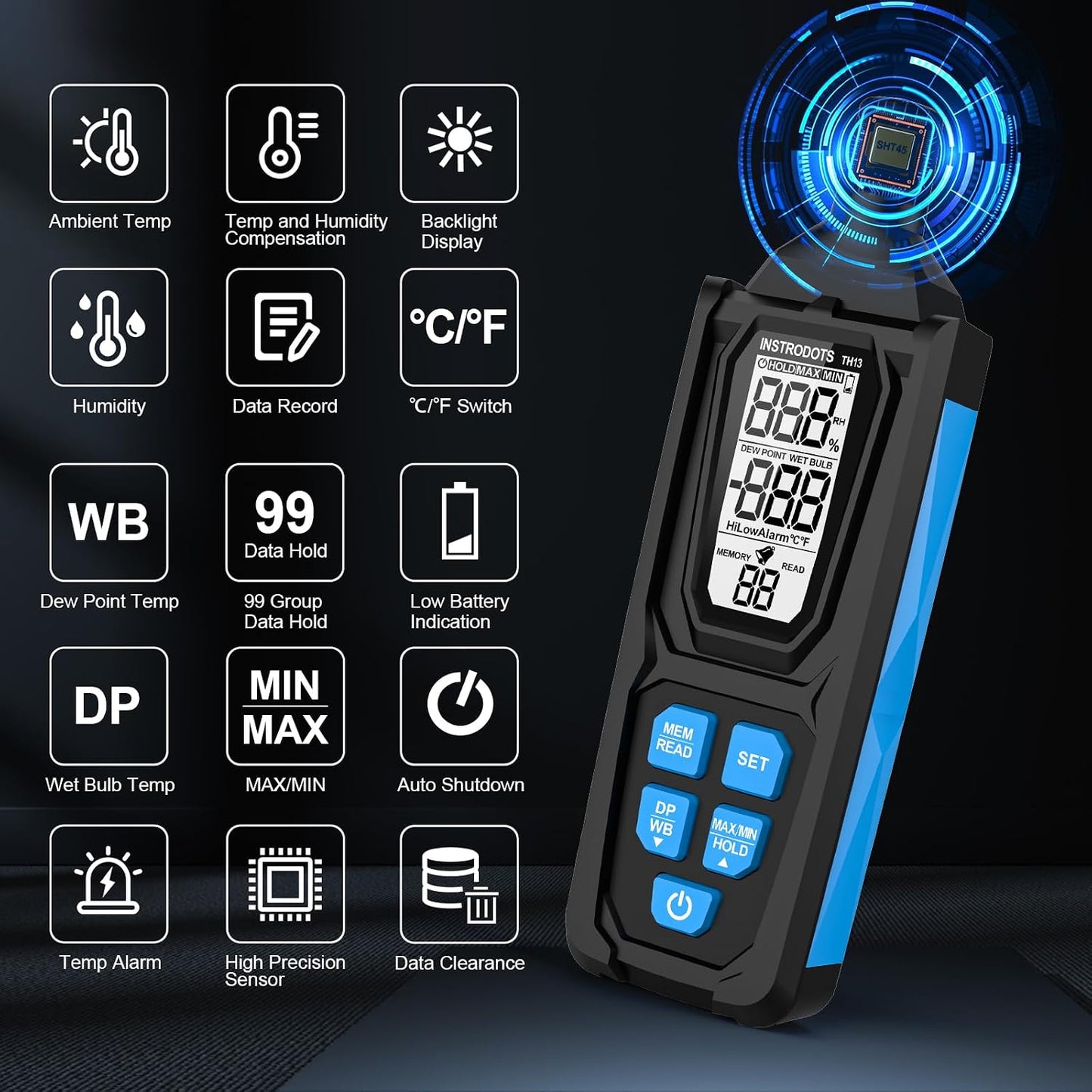 Temperature Humidity Meter, High Precision Thermometer Hygrometer with Ambient, Dew Point, Wet Bulb Thermometer, Dual Display Temperature & Humidity with LCD Backlight, TH10
