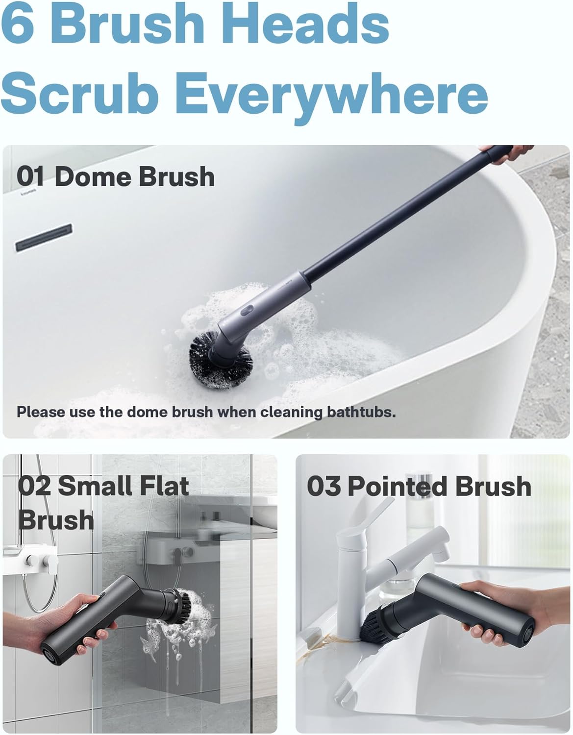 HOTO Cordless Electric Spin Scrubber, 6 Brush Heads, for Bathroom, Tile | IPX7 Full Body Waterproof Bathroom Cleaning Brush, Max 22 in-lb, Shower Scrubber Brush with Long Handle