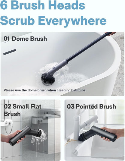 HOTO Cordless Electric Spin Scrubber, 6 Brush Heads, for Bathroom, Tile | IPX7 Full Body Waterproof Bathroom Cleaning Brush, Max 22 in-lb, Shower Scrubber Brush with Long Handle