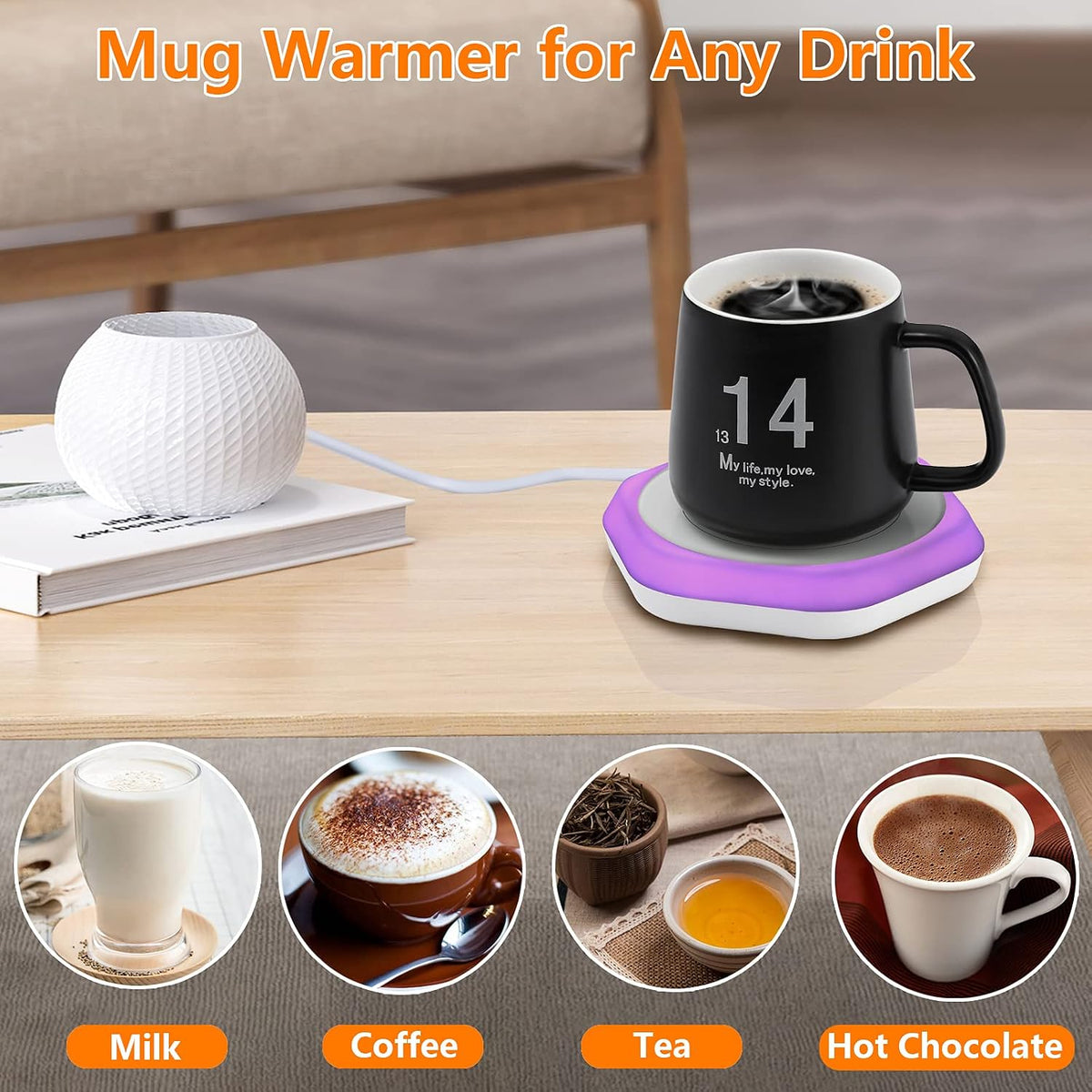 Coffee Mug Warmer: Smart Beverage Heating Plate Candle Wax Cup Warmer Electric Thermostat Coaster for Hot Coffee Milk Tea Water Cocoa Desk Home Office Use (R1 Black)