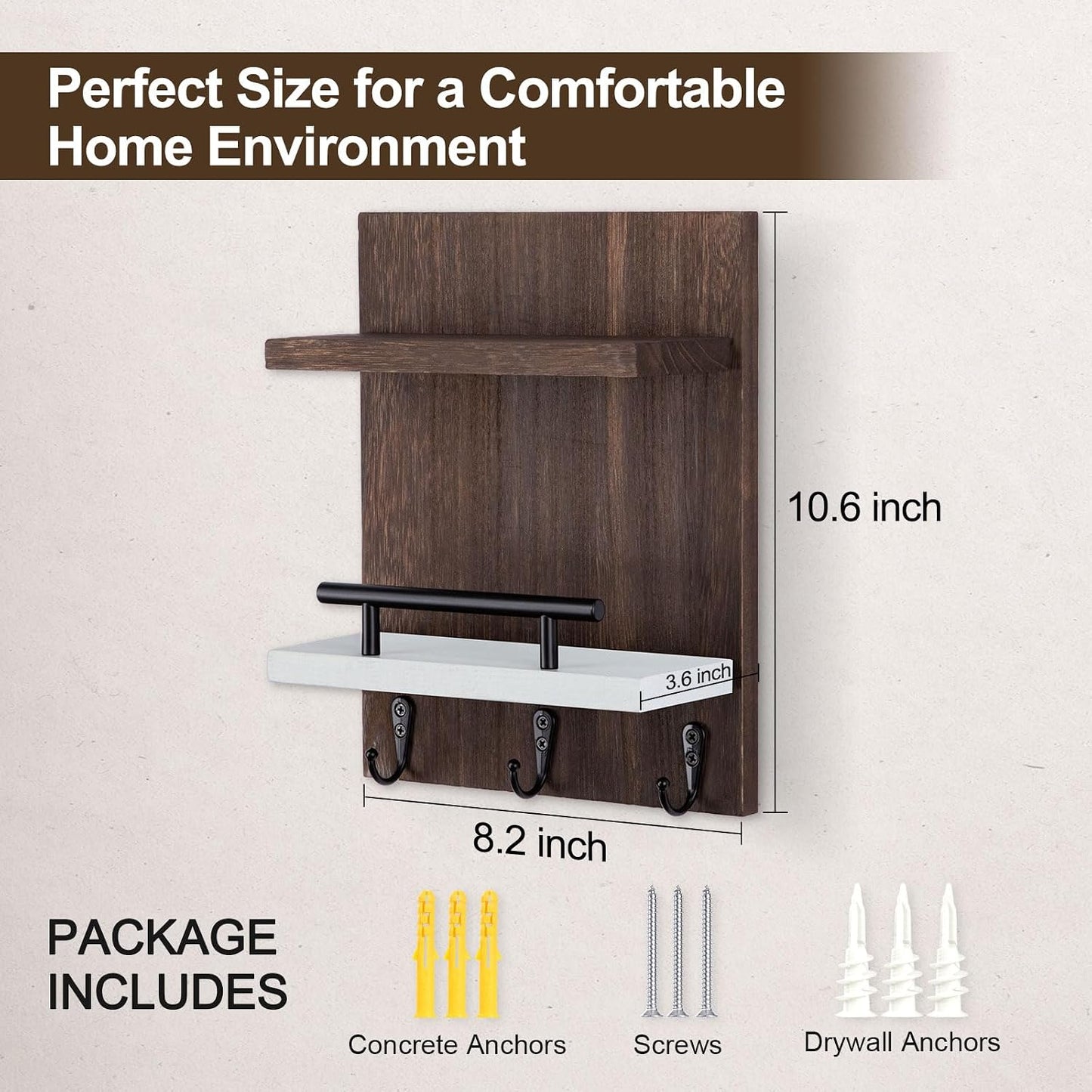 Key Holder Wall Mount, Mail Shelf Decor with 3 Key Hooks, Versatile Wood Wall Organizer for Entryway Hallway (8.2” x 10.6”x 3.6”) (White) | Farmhouse Key Hanger Holds Dog Leash, Sunglasses – Decorative Mail Organizer Home Decor