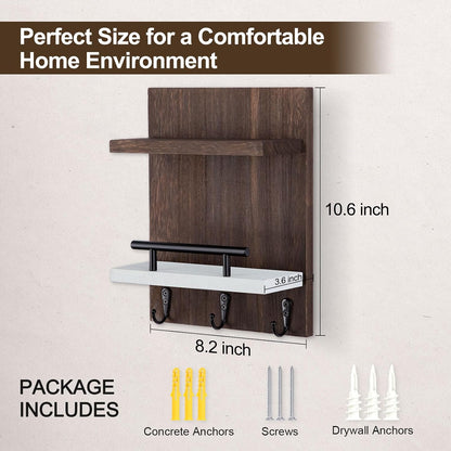 Key Holder Wall Mount, Mail Shelf Decor with 3 Key Hooks, Versatile Wood Wall Organizer for Entryway Hallway (8.2” x 10.6”x 3.6”) (White) | Farmhouse Key Hanger Holds Dog Leash, Sunglasses – Decorative Mail Organizer Home Decor