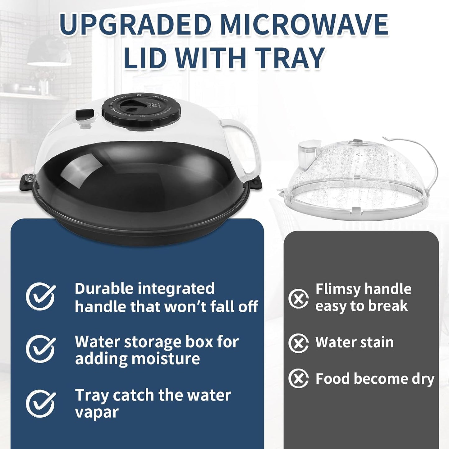 Microwave Splatter Cover Lid for Food 10.2 Inch with Water Steamer, Clear Microwave Splash Guard Cooker Lid with Plate, Dish Bowl Plate Serving Cover Cookware High Transparent Plastic Black